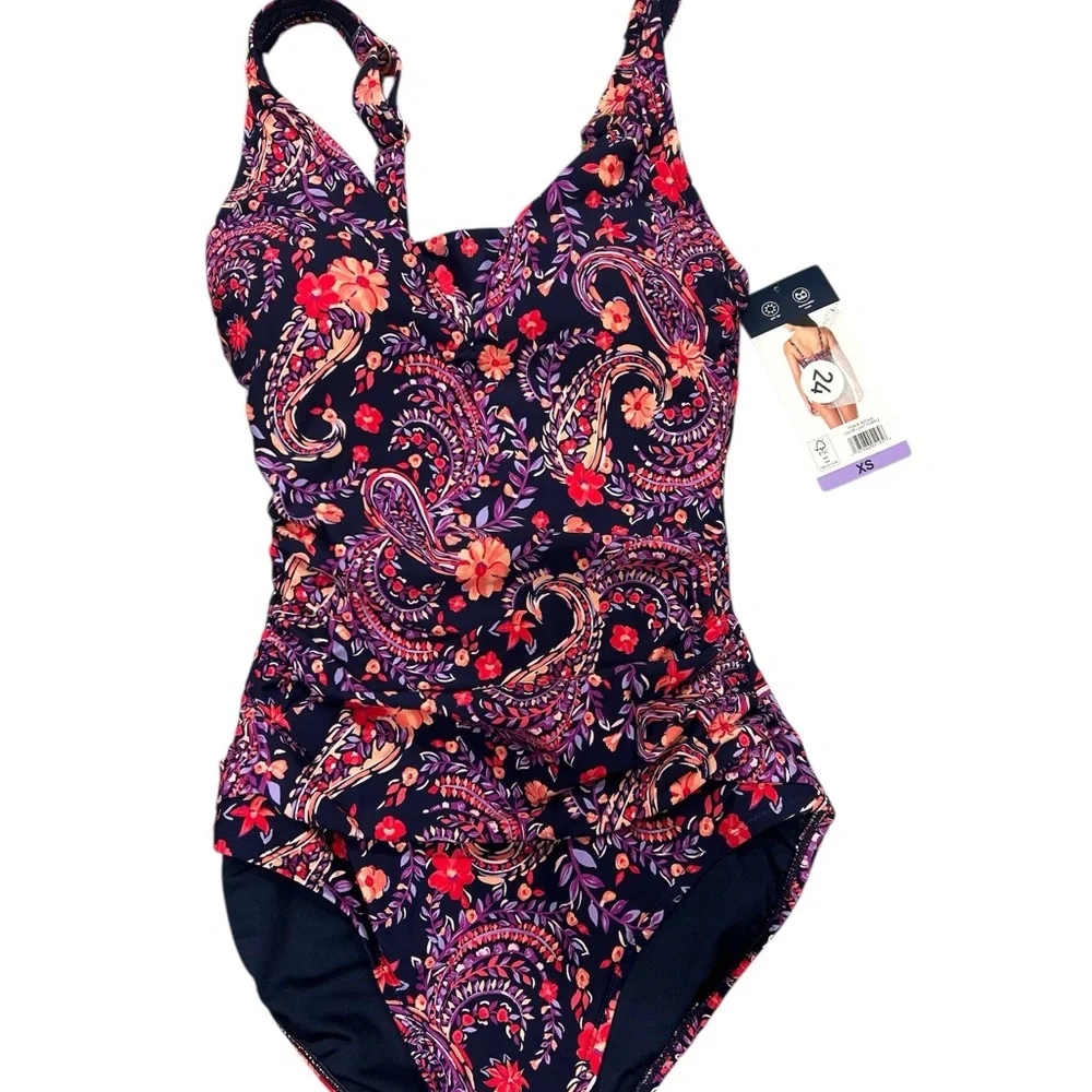 Lands' End Navy One-Piece Swimsuit with Pink & Coral Floral Paisley XS